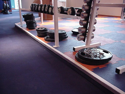 Free weights area on acoustic wood flooring